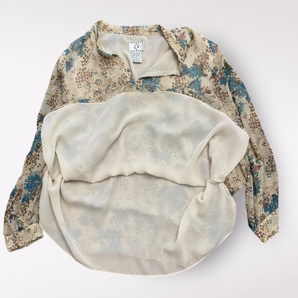 ICE Vintage Silk Beaded Blouse Womens Size 3X Beige‎  Blue Boho Floral - Picture 5 of 10